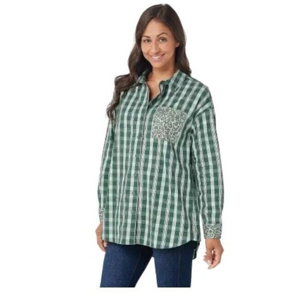 Isaac Mizrahi Live! Window Pane Plaid Poplin Shirt w/ Patch Pock Green Reg 2 - Picture 1 of 1